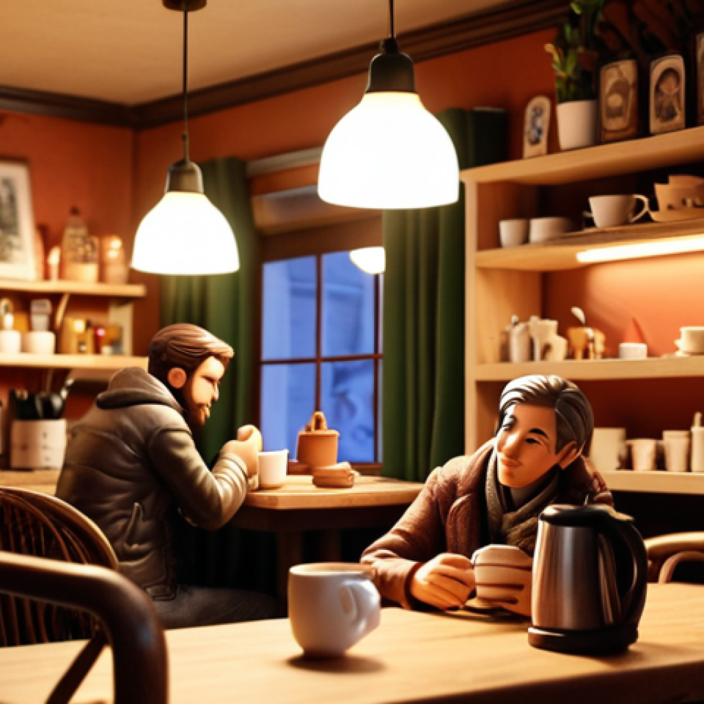 **

*   Prompt: Cozy cafe interior with character figurines displayed on shelves, warm lighting, and people enjoying coffee. Focus on the welcoming atmosphere and unique decor.

**