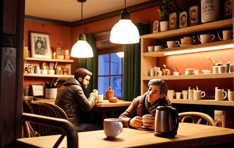 **

*   Prompt: Cozy cafe interior with character figurines displayed on shelves, warm lighting, and people enjoying coffee. Focus on the welcoming atmosphere and unique decor.

**